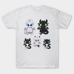 Dragons family, toothless and light fury, dragons babies, how to train your dragon family T-Shirt